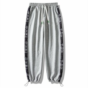 【新品 】【送料無料】サイド バンダナ柄 スウェットパンツ sweat pants with bandannas ペイズリー カラー：グレーｘネイビー サイズ L