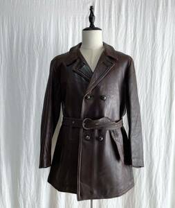 50s France Vintage double breast leather half coat L corresponding car coat France army euro Vintage jacket 