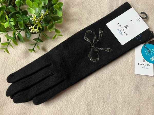 ★新品★ LANVIN en Bleu ランバンオンブルー キラキラリボン柄 少しロング 手袋 レディース スマホ対応 ブラック