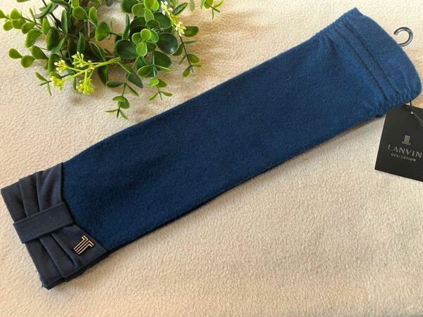 ★新品★ LANVIN ランバン リボン付 カシミヤ混 リボン付 ロング 手袋 (指が出るタイプ)レディース 明るめネイビー系