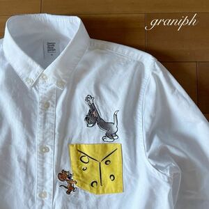 ☆希少☆グラニフ graniph トムとジェリー 長袖シャツ ロングスリーブ 胸ポケット付 厚手 ユニセックスMサイズ レディースLサイズ相当