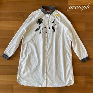 ☆訳あり☆希少！グラニフ graniph きくちちき ねこ柄 シャツワンピース ロングシャツ 羽織 厚手生地 レディースフリーサイズ