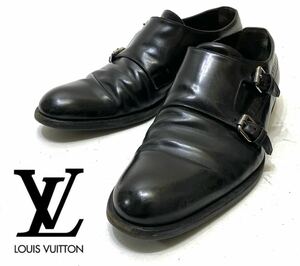 LOUIS VUITTON LVロゴ ダブルモンクストラップ レザーシューズ ルイヴィトン ドレスshoes ビジネス 革靴 ブラック 8 1/2 27cmイタリア製