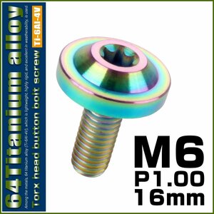 64チタン M6×16mm P1.0 ボタンボルト フランジ径16mm トルクス穴 焼きチタン風ライトカラー レインボー JA656