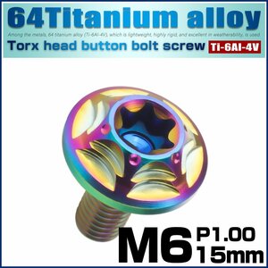 チタンボルト M6×15mm P1.0 ボタンボルト スノーヘッド ホール デザインボルト トルクス穴 レインボー JA1034