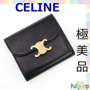 [ ultimate beautiful goods ] Celine Celine Trio mf canvas small wallet flap folding in half three folding purse compact black black 1501