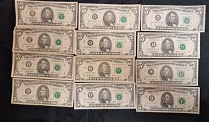 【外国紙幣　海外紙幣】　アメリカ　旧紙幣　5ドル札　5ドル紙幣　12枚（1969年・85・88・95）