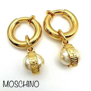 MOSCHINO｜モスキーノ イヤリング【アクティ】フェイクパール ロゴ フープ ゴールドカラー ヴィンテージ ブランド a161et oth