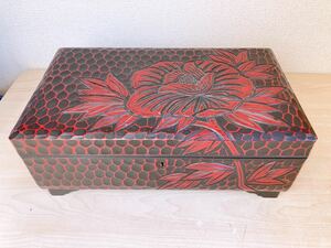 鎌倉彫 オルゴール 小物入れ 木製 収納 アンティーク インテリア 置き物 コレクション 牡丹 ミャージック BOX 美術 ジュエリーボックス