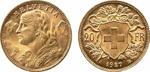 スイス　20フラン金貨　1927年B　未使用品　アルプスの少女