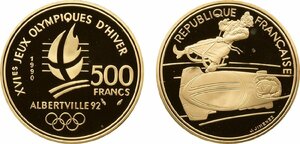 フランス　500フラン金貨　1990年　完全未使用品プルーフ　アルベールビル冬季五輪記念・ボブスレー　ケース・保証書付き