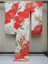 1円 良品 正絹 着物 振袖 縮緬 正月 成人式 白 扇子 菊 草花 おしゃれ 袷 身丈163cm 裄65cm◆逸品◆【夢職】★★★★_画像3