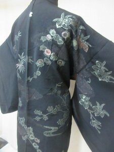 1円 良品 正絹 羽織 縮緬 和装コート 黒 一つ紋 流水 草花 笹 菊 梅 紅葉 おしゃれ 高級 袷 身丈77cm 裄66cm【夢職】★★★