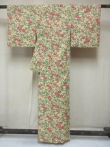 1円 良品 正絹 着物 小紋 縮緬 橘 枝花 花唐草 可愛い お洒落 高級 袷 身丈146cm 裄64cm【夢職】★★★_画像3