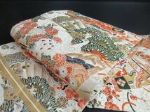 1円 良品 正絹 丸帯 総刺繍 アンティーク 大正浪漫 扇子 四季花 古典文様 全通柄 高級 長さ390cm◆逸品◆【夢職】★★★★_画像1