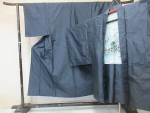 1円 良品 正絹 男性用 アンサンブル 着物 藍泥大島紬 正月 成人式 亀甲 抽象 幾何学 羽裏 高級 袷 身丈140cm 裄67cm【夢職】★★★