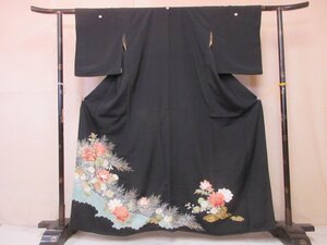 1円 良品 正絹 着物 留袖 縮緬 比翼付 アンティーク 菊 牡丹 芝垣 高級 袷 身丈148cm 裄64cm【夢職】★★★