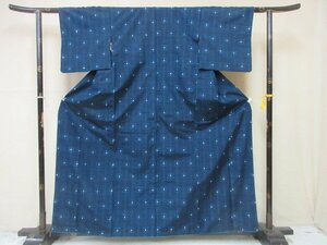 1円 良品 正絹 着物 紬 真綿 紺 燕 縞 幾何学 抽象 絣文様 高級 袷 身丈148cm 裄63cm◆逸品◆【夢職】★★★★