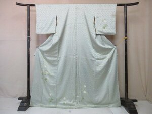 1円 良品 正絹 着物 訪問着 縮緬 正月 水色 楓 枝花 高級 袷 身丈157cm 裄63cm【夢職】★★★