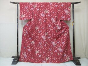 1円 良品 化繊 着物 洗える 小紋 麻の葉 桜吹雪 草花 おしゃれ 高級 袷 身丈161cm 裄69cm【夢職】★★★