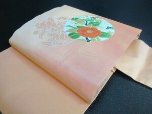 1円 良品 正絹 名古屋帯 引箔 花絵皿 椿 カトレア 草花 お太鼓柄 九寸帯 長さ368cm【夢職】★★★