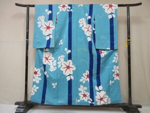 1円 中古 正絹 着物 縮緬 小紋 アンティーク レトロ 水色 鉄線 花唐草 縞 お洒落 高級 袷 身丈146cm 裄62cm【夢職】★★★