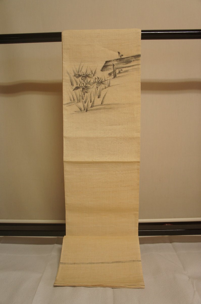 Obi de bolso de verano sin usar con patrón Moriwaka en un puente dibujado a mano con cáñamo y tinta de colores [O14754], banda, Fukuro obi, A medida