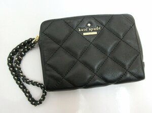 Kate spade/ケイトスペード：レザーポーチ ストラップ キルティング PWRU4353 ブラック 牛革 中古/USED