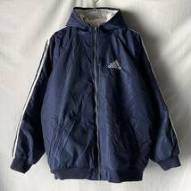 90s 00s adidas アディダス ナイロン×フリース リバーシブル パーカー ネイビー×ホワイト XL ヴィンテージ スポーツ ナイロンジャケット_画像1