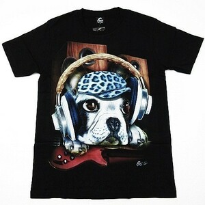 【送料無料】【新品】半袖Tシャツ 犬 ギター ロック バンド 蛍光ペイント 両面プリント黒 メンズL レディースXL 男女兼用■TB20-086