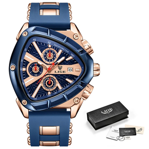 【Rose gold blue】メンズ高品質腕時計 海外人気ブランド Lige トライアングル 三角 クロノグラフ 防水 クォーツ式 シリコンバンド