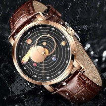 【Rose gold black】新品 メンズ 腕時計 クォーツ アナログ PUレザーバンド 天体 星 地球 宇宙 神秘 防水 耐衝撃_画像3