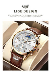 【gold white】メンズ高品質腕時計 海外人気ブランド Lige クロノグラフ 防水 クォーツ式 レザーバンド