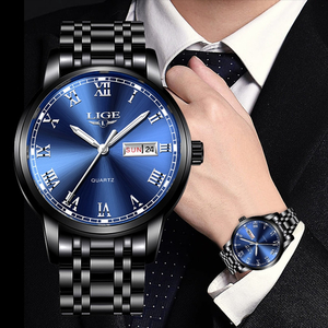 【black blue silver】メンズ高品質腕時計 海外人気ブランド LIGE 曜日カレンダー クォーツ時計 防水