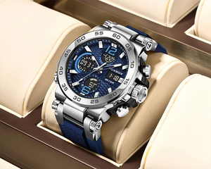 【シルバー×ブルー】メンズ高品質腕時計 海外人気ブランド Foxbox クロノグラフ 防水 クォーツ式 シリコンバンド