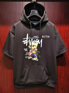 最上級※定価5万◆イタリア・ローマ発*ROBERT CAVANI※KITH designer・ROCKERSクマ*プルオーバー半袖*夏秋のパーカー/46/m・黒