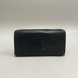 極 美品 YVES SAINT LAURENT イヴ・サンローラン ロゴ ステッチ 金具 レザー 本革 ラウンドジップ 長財布 ウォレット ブラック 45915