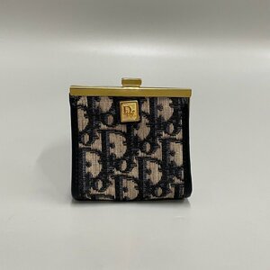 美品 Christian Dior ディオール ロゴ 金具 トロッター レザー 本革 キャンバス がま口 ミニ 財布 コインケース ネイビー 35084