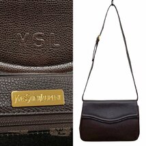 極 美品 袋付 YVES SAINT LAURENT イヴサンローラン YSL ロゴ レザー 本革 ミニ ショルダーバッグ ポシェット ブラウン 茶 42714_画像3