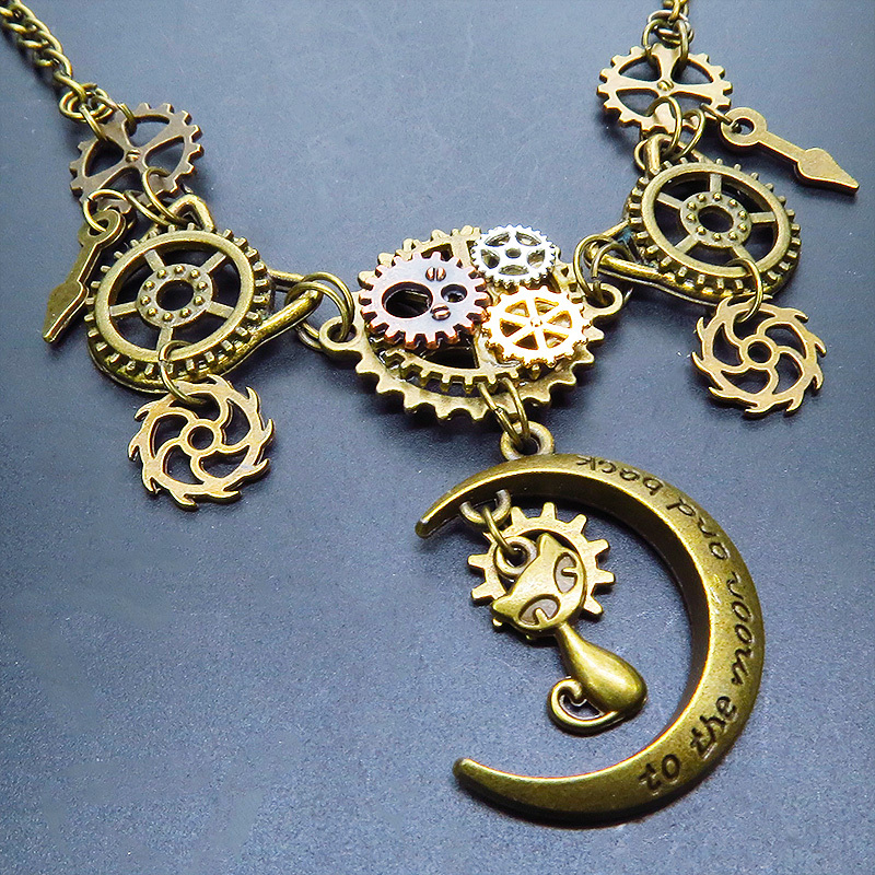 Oro antiguo, auténtico collar steampunk con gato, luna creciente y engranajes, longitud ajustable, Hecho a mano, Accesorios (para mujeres), collar, colgante, gargantilla