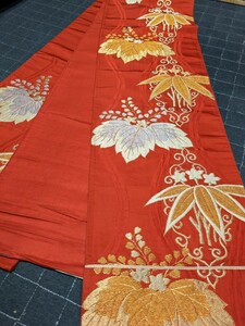 D11　袋帯　赤　桐　笹