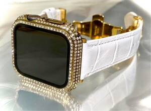 Apple Watch キラキラ　ケース　カバー　レザー　バンド　ベルト　カスタム　保護38 40 41 42 44 45 レディース　メンズ　ゴールドホワイト