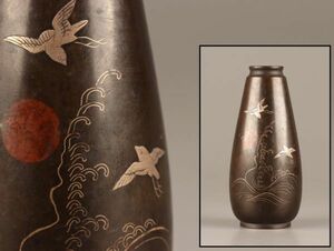 古美術 古銅造 花瓶 銀象嵌 時代物 極上品 初だし品 C3198