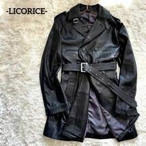 美品◇◆ 【LICORICE】トレンチコート【ブラック/ロング丈/ベルト付き/ダブル/Lサイズ/レザー/羊革/シープスキン/レザージャケット/コート