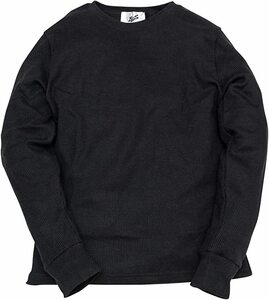 サーマル ワッフル クルーネック ロンT 黒/XL 長袖 コットン 無地 ワッフル素材 丸首 Tシャツ ストリート シンプル 在宅 テレワーク