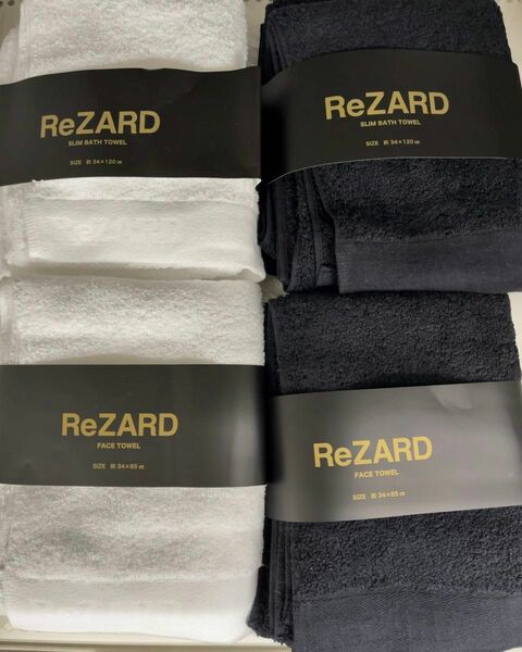 ReZARD（リザード）2色2種類全4枚まとめ売り 高吸水フェイスタオル スリムバスタオル ホワイト ブラック 34×120cm 