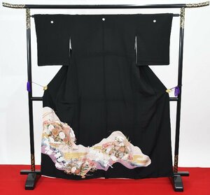 黒留袖 結婚式 五つ紋 花車 枝梅 縁起 家紋 身丈156cm 裄丈64cm ★着物 e-838 桜庭呉服店