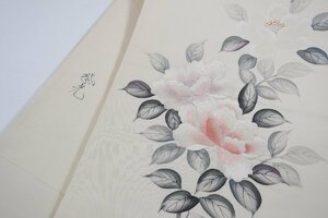 Art hand Auction Fukuro-obi (traditional Japanese sash) hand-painted by artist, with a taiko pattern and flowers, obi length 440cm ★Kimono shop ne-6831 Sakuraba Kimono Store, band, Obi, Ready-made