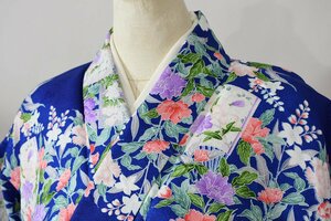 小紋 着物 袷 洗える着物 青 花 身丈156cm 裄丈65cm ★ kb-5197 桜庭呉服店