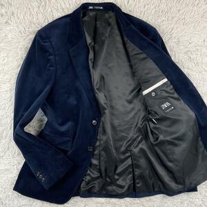 【最高級の光沢感】2XLサイズ ザラ ZARA テーラードジャケット ベロア ベルベット 54サイズ ネイビーブルー 総裏地 大きいサイズ